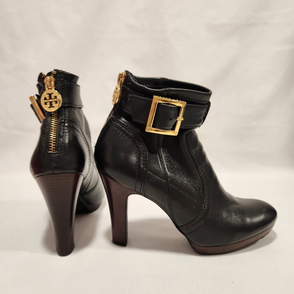 Tory Burch Melrose Ankle Boots Leather Heel Moto Black Logo Women's 7.5 Designer - Picture 2 of 16